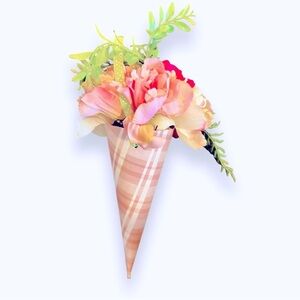 SHABBY CHIC 12” Pink & White Flower Bouquet w Paper Cone Vase & Ribbon Hanger
